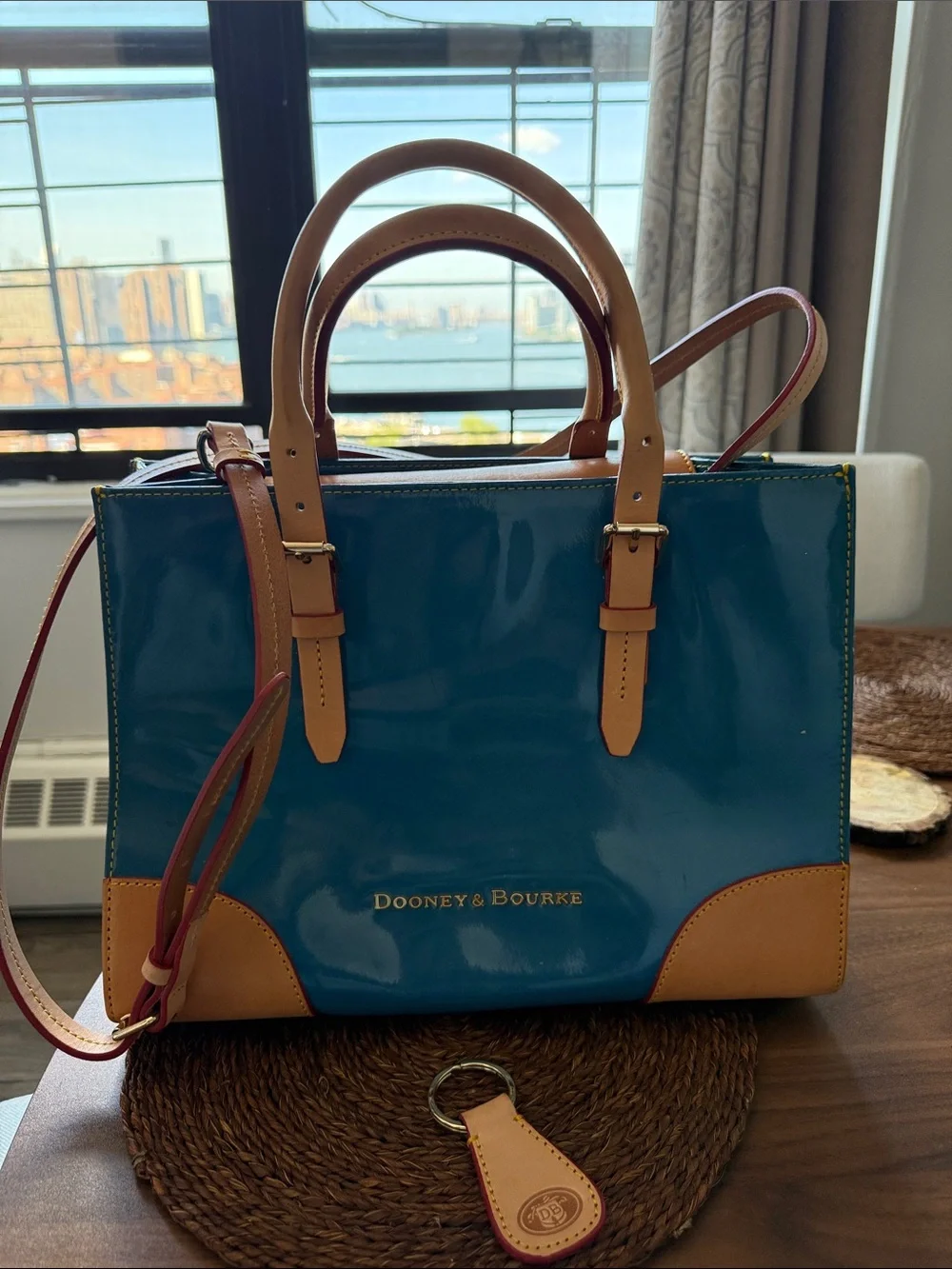 Dooney & Bourke Teal Patent Satchel with Tan Trim and Gold Logo